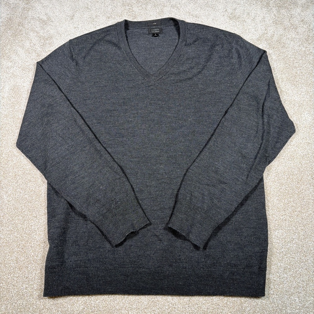 J Crew Merino Wool V Neck Sweater Mens Large Slim Gray Preppy School Long Sleeve
